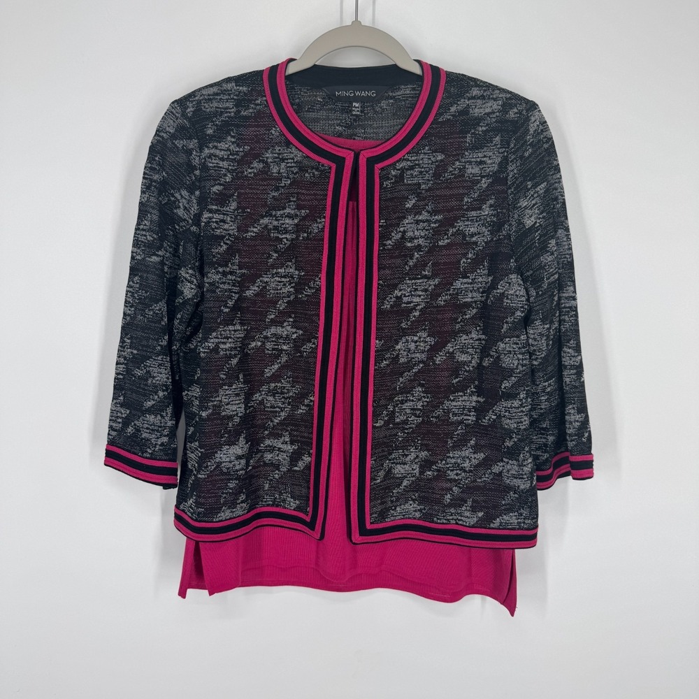 Ming Wang Women's Cardigan Jacket Tank Top Size PM Pink Black Office